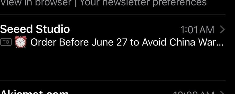 Screenshot of email header with text “Order before June 27 to avoid China war…”