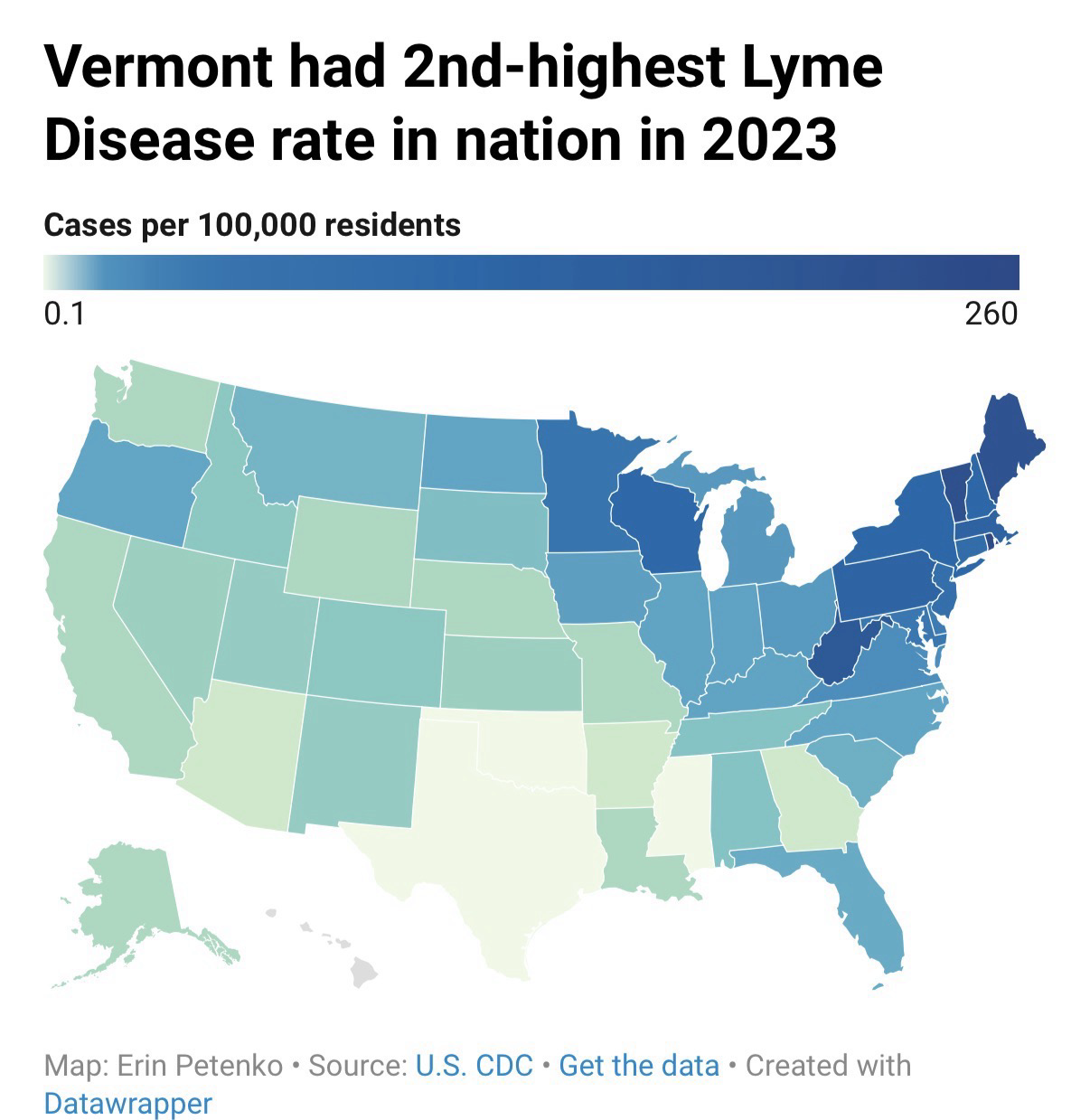 Map of the United States showing the incidents of tick borne disease in 2023