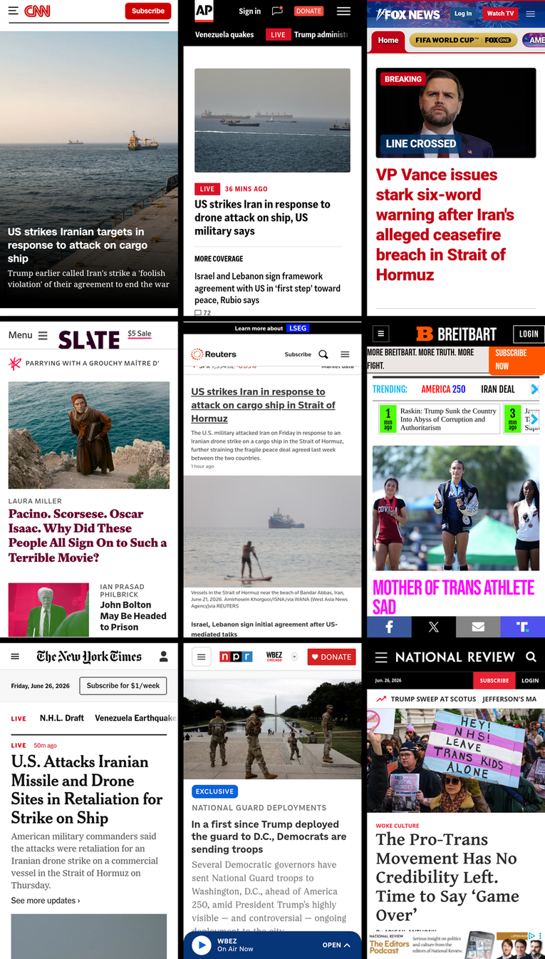 A 3x3 grid of the mobile front pages of CNN, AP News, Fox News, Slate, Reuters, Breitbart, New York Times, NPR, and National Review. The screenshots were taken on June 26th, 2026, at about 7:29 PM ET.