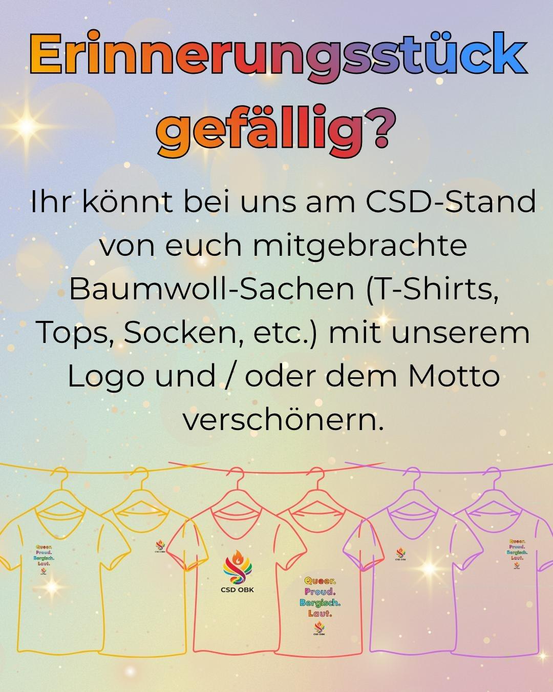Texttafel: Erinnerungsstück gefällig?
Ihr könnt bei uns am CSD-Stand von euch mitgebrachte Baumwoll-Sachen (T-Shirts, Tops, Socken, etc.) mit unserem Logo und / oder dem Motto verschönern.
#pridemonth 🌈 #csdobk #diy #strongertogether #csd #love #lgbtq loveislove