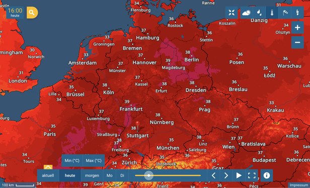 Weather map of Central Europe at 16:00 showing an intense heatwave. Germany is almost entirely shaded deep red, with forecast temperatures of 37–39°C across many cities, including Berlin, Frankfurt, Stuttgart, and Magdeburg.