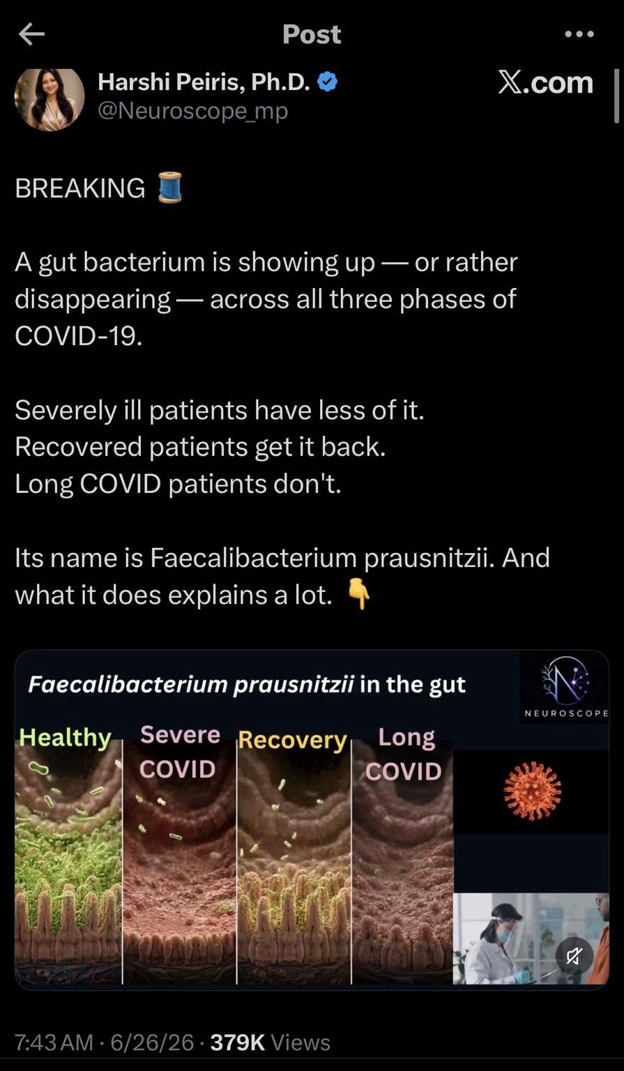 Harshi Peiris, Ph.D. O @Neuroscope_mp • • • X.com BREAKING A gut bacterium is showing up — or rather disappearing — across all three phases of COVID-19. Severely ill patients have less of it. Recovered patients get it back. Long COVID patients don't. Its name is Faecalibacterium prausnitzii. And what it does explains a lot.