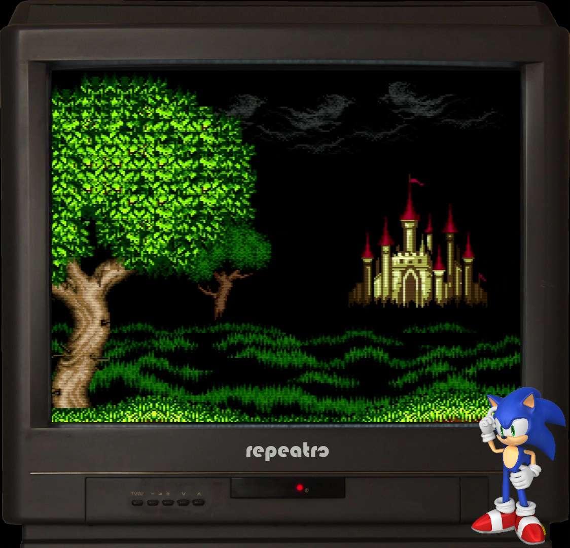 2D night scenery of a meadow with a tree in the fore- and a castle in the background.