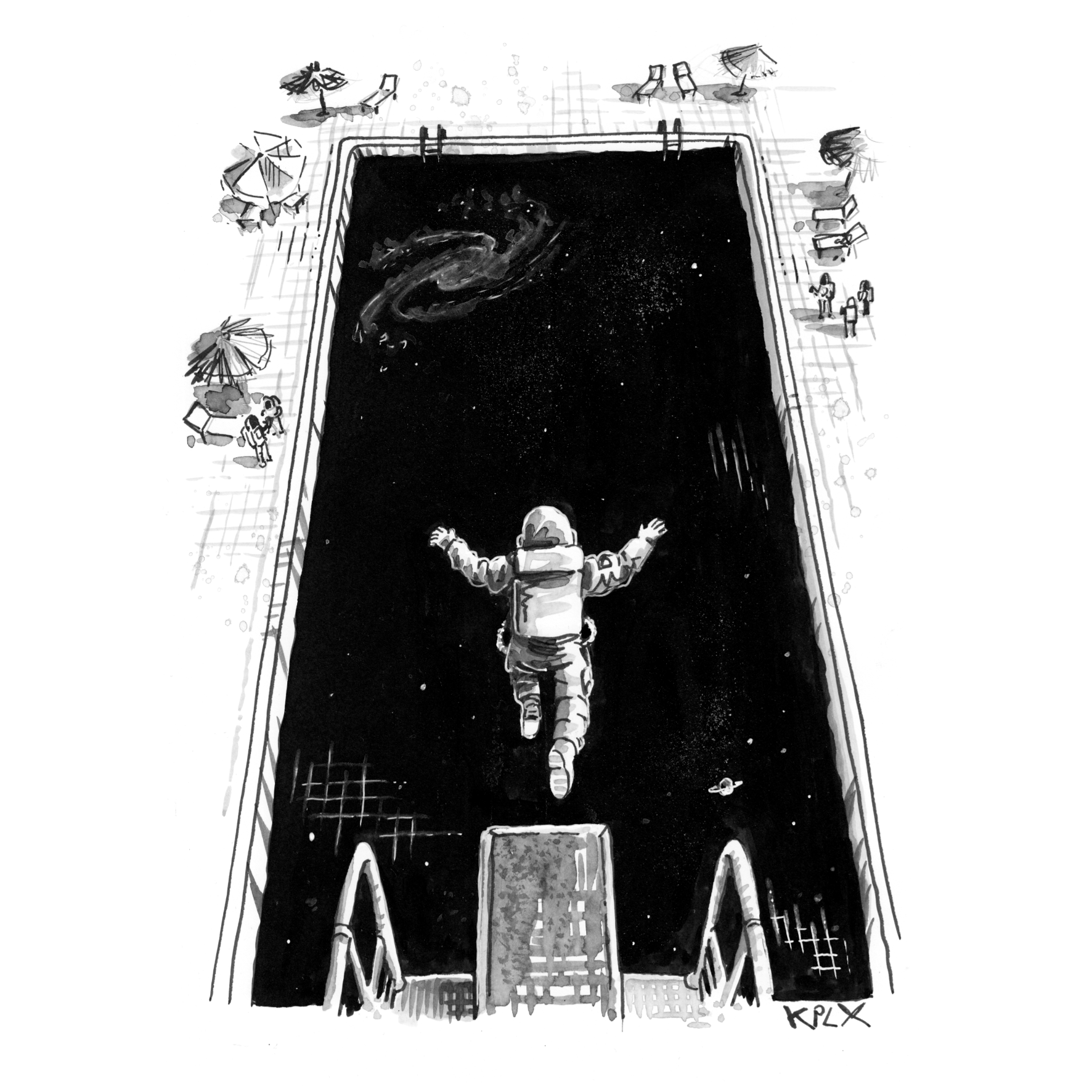 DE:
Tuschezeichnung auf A4: Ein Astronaut springt von einem Sprungbrett in ein Schwimmbecken, das mit dem Universum statt mit Wasser gefüllt ist.

EN:
Ink drawing on A4 paper: An astronaut dives from a springboard into a swimming pool filled with outer space instead of water.
