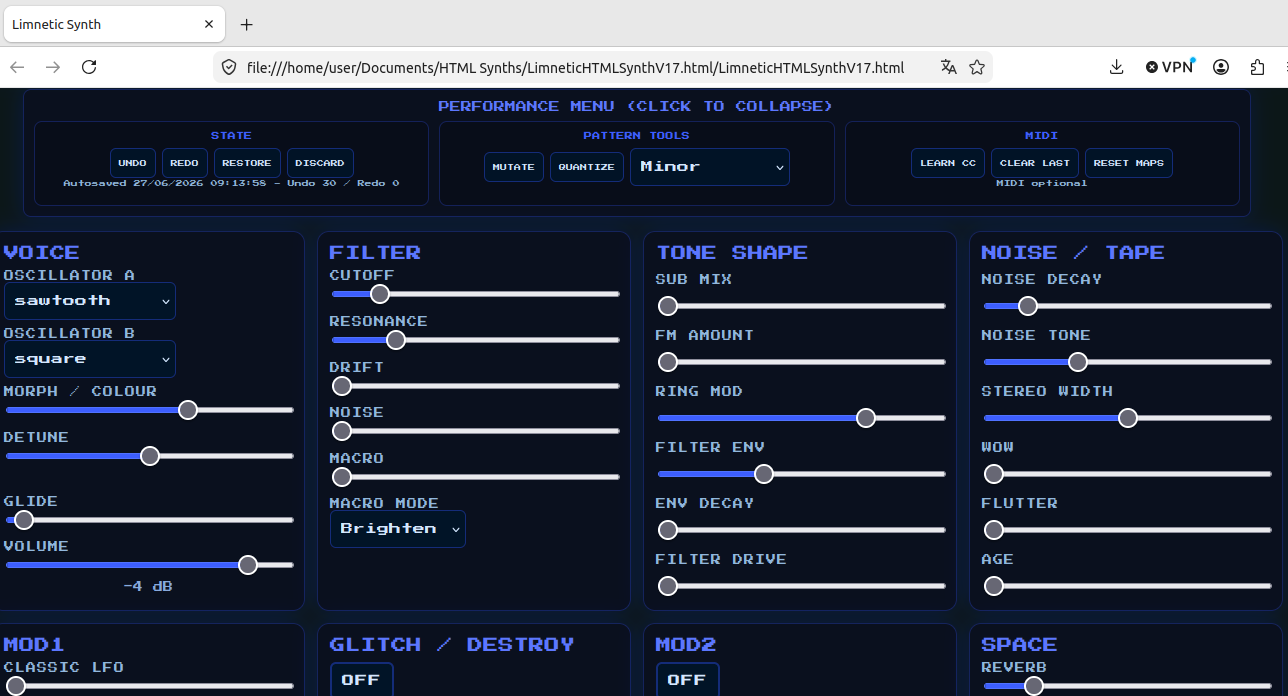 Playing around with the Limnetic HTML Synth