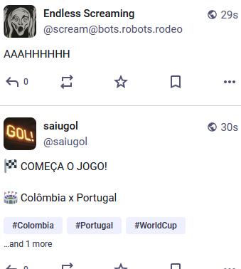 Screen capture of a sequence of toots separated by 1 second.

First (below) Saiugol shouts in Portuguese "the game started! Colombia x Portugal"

Immediately after that, the Endless Screaming bot goes "AAAHHHHHH"
