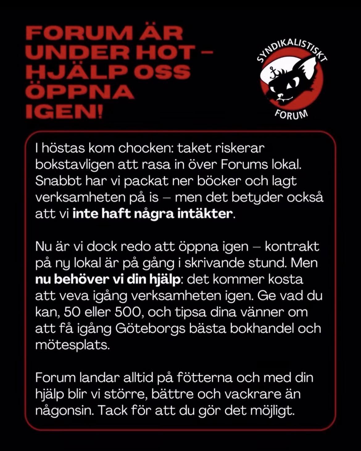 Bilder med swishinfo till Syndikalistisk Forum.