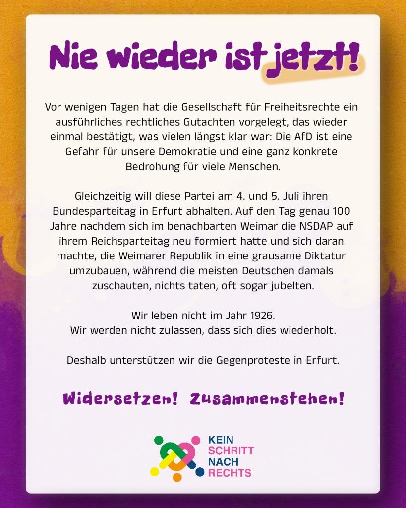 Text der posts als Bild.

A colorful poster featuring a call to action against far-right movements, referencing a historical context related to the Weimar Republic and the NSDAP. The message emphasizes the importance of opposing threats to democracy and promotes participation in counter-protests in Erfurt.