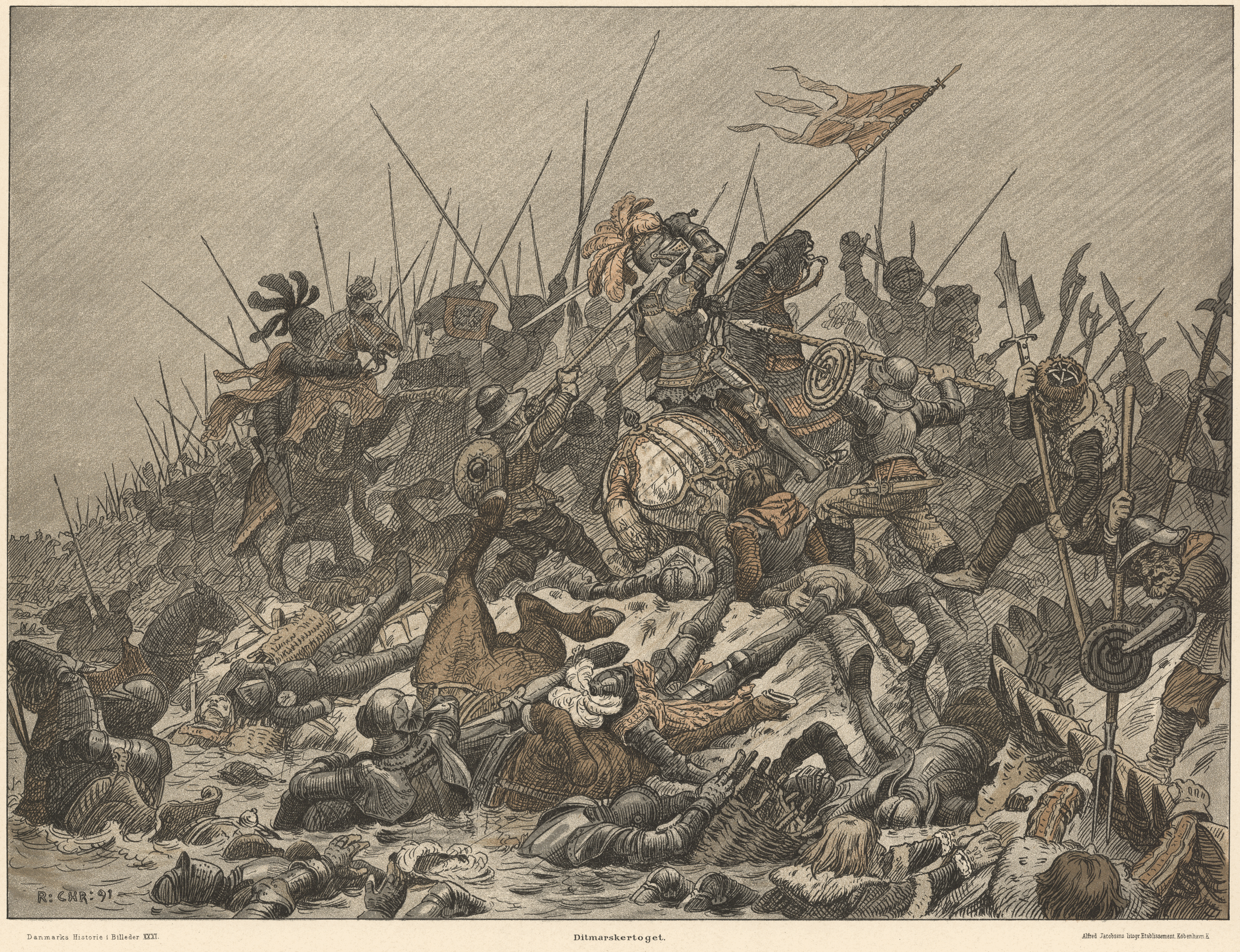 A nineteenth-century Danish engraving showing the battle at Hemmingstedt on 17 February 1500. Armoured horsemen in the centre are crowded into a small space by attacking footsoldiers. The figure in the middle is flying a Danish banner from his lance, perhaps meant to represent the legendary Dannebrog that was lost in the battle. In the foreground, armoured men are seen sinking into the flooded field to the side of the road.