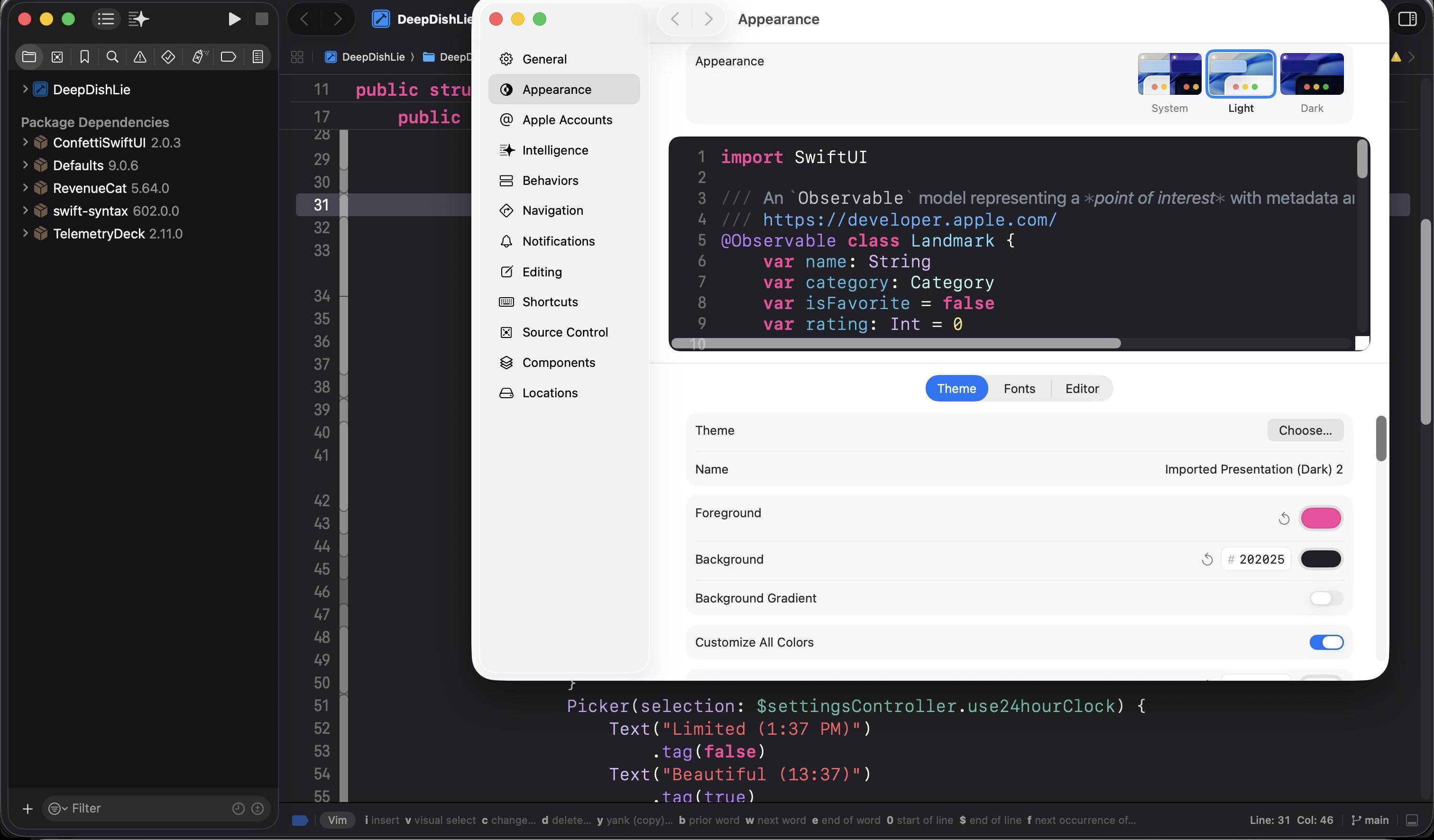 The Xcode 27 interface fully in dark mode except for a popup window for appearance that is in light mode (as selected).