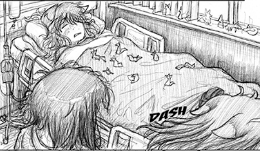 In Mugi's hospital room, Mugi lies asleep in bed covered by a blanket with the boot on her injured right foot sticking out. The origami foxes that Junpei had made cover the blanket and window sill next to the bed. On the other side is a stand with a bag of saline. Miho and Yaku have just entered the room both still smelling of river, with Miho wearing the ninja kimono and Yaku dashing around to the other side to hug her mom.