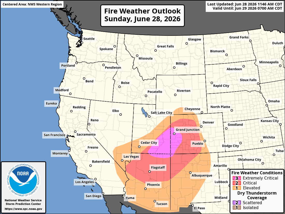NOAA SPC fire outlook for today, which again shows an upgrade to extremely critical risk in western colorado and near the four corners.