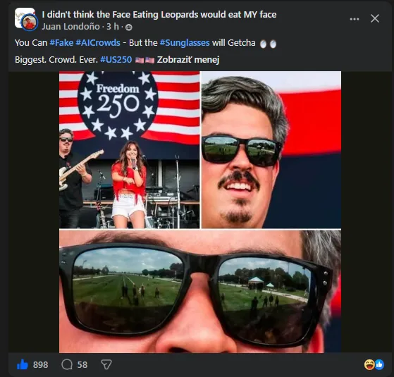 Trump claimed an enormous crowd showed up for his "Freedom 250 Fair" on the DC Mall, but a zoom in on the guitarist's sunglasses reveals the truth.