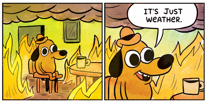 The “This Is Fine” meme edited: In the first panel, a cartoon dog is sitting calmly at a table in a room engulfed in flames. In the second panel, the dog says, “IT’S JUST WEATHER.”