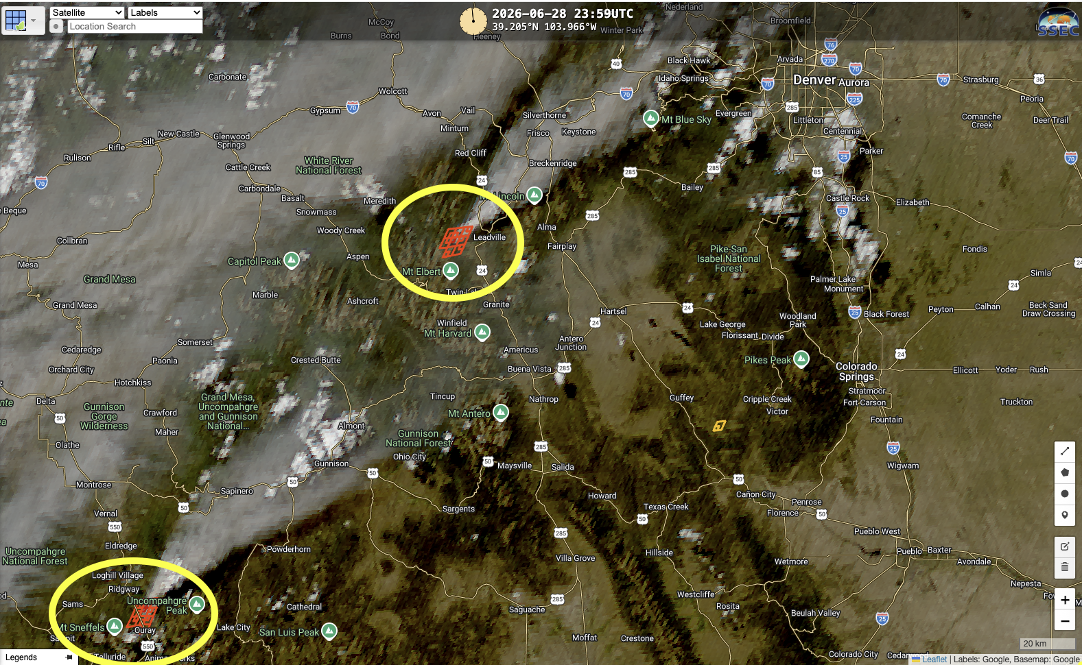 Current screenshot from SSEC wildfire imaging portal, zoomed in on two fires of particular concern in Colorado (highlighted with yellow circles).