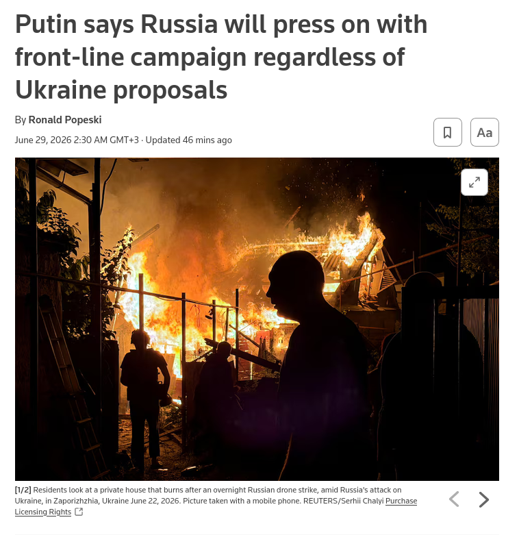 President Vladimir ​Putin said on Sunday that Russia will press ahead with its battlefield aim of fully capturing four Ukrainian regions, rejecting what he ‌said was a new proposal by Ukraine to rein in hostilities in the more than four-year-old war. #Russia #Putin