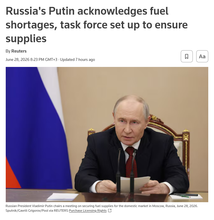 President Vladimir Putin acknowledged on Sunday that fuel supply problems had created shortages in Russian regions and a task force ​was working on ensuring sufficient quantities were provided throughout the country. #Russia #Putin