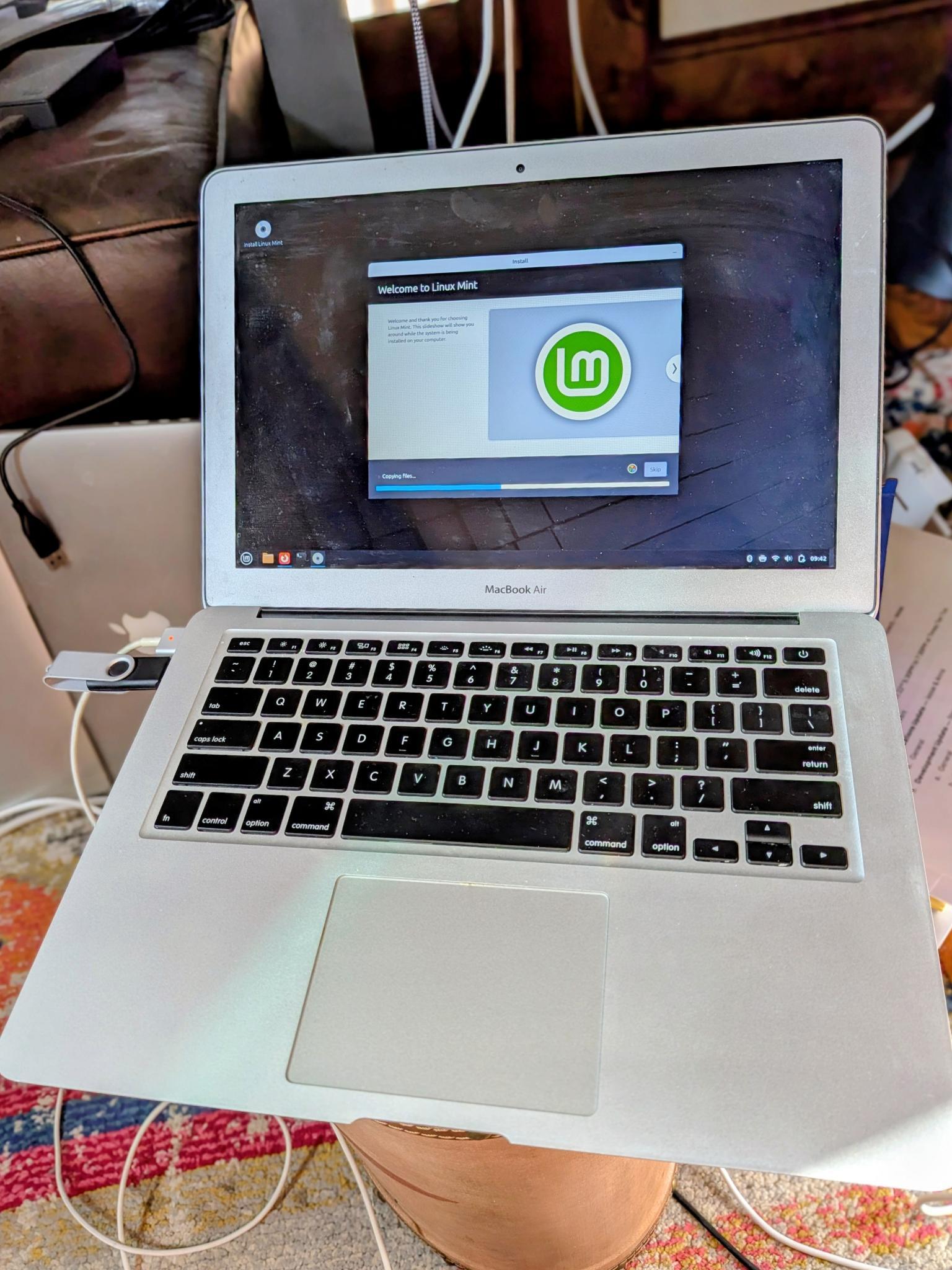 Photo of my old MacBook Air reinvigorated by Linux Mint 22.3.