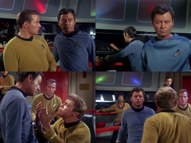 Images from "The Corbomite Manuever."  McCoy first enters the bridge wearing a standard uniform tunic. Then, in close-ups, he's wearing his medic tunic. Then when Bailey freaks out McCoy is back in his standard uniform.