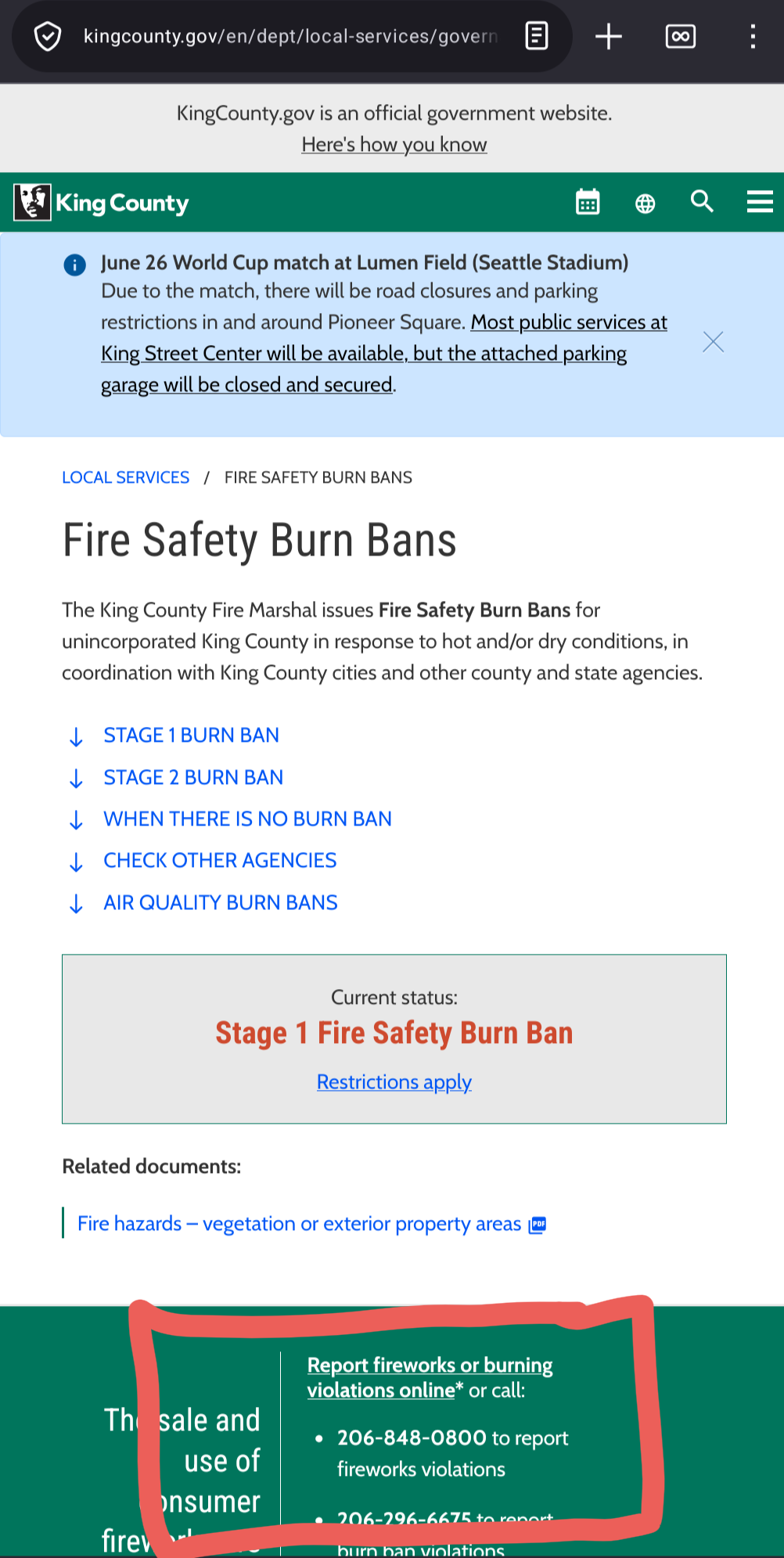 King County Fireworks Reporting online link annotated with a red box from the website linked in the post.  206-848-0800 to report fireworks violations is also an option