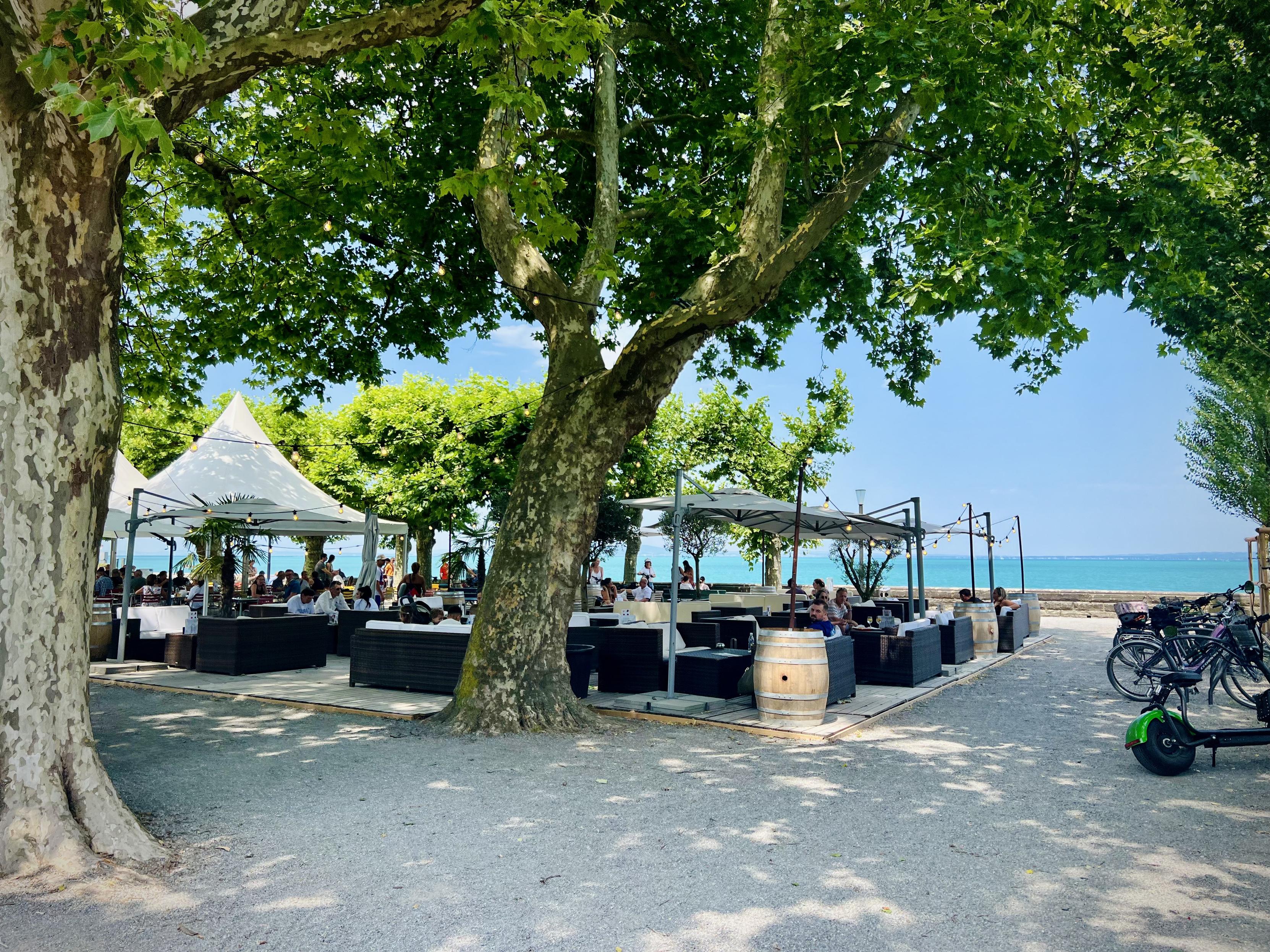 A shaded outdoor lounge area beside a turquoise lake, set beneath the expansive canopy of mature trees. The foreground is a gravel clearing where an electric scooter and several bicycles are parked on the right.

In the middle ground, low dark-rattan modular sofas with white cushions are arranged on a wooden deck, forming a comfortable seating area. Guests relax at the tables, some of which feature rustic wooden barrels as side tables. Large white canopy tents and umbrellas provide shade, with string lights hanging between the trees above. In the background, the brilliant blue-green water of the lake sparkles under a clear sky, stretching toward the distant horizon.