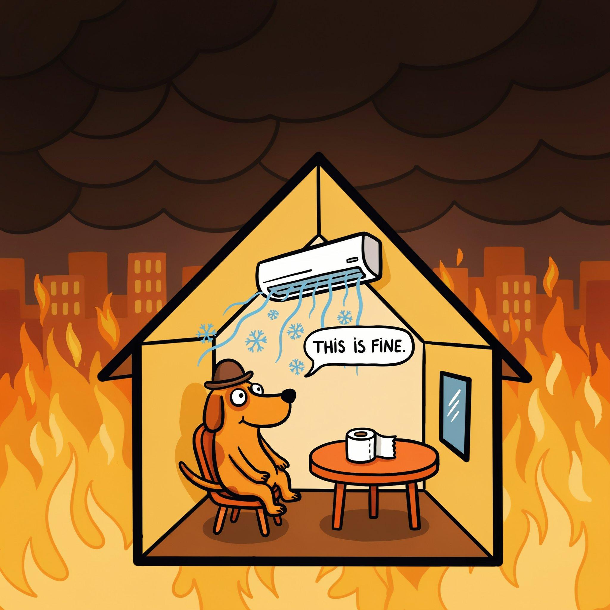 This is Fine dog is sitting inside a tiny house under an air conditioner that produces cold air. The city outside is in fire.

Based on the cartoons by KC Green and Cooper Lit.

Image generated by Ideogram.