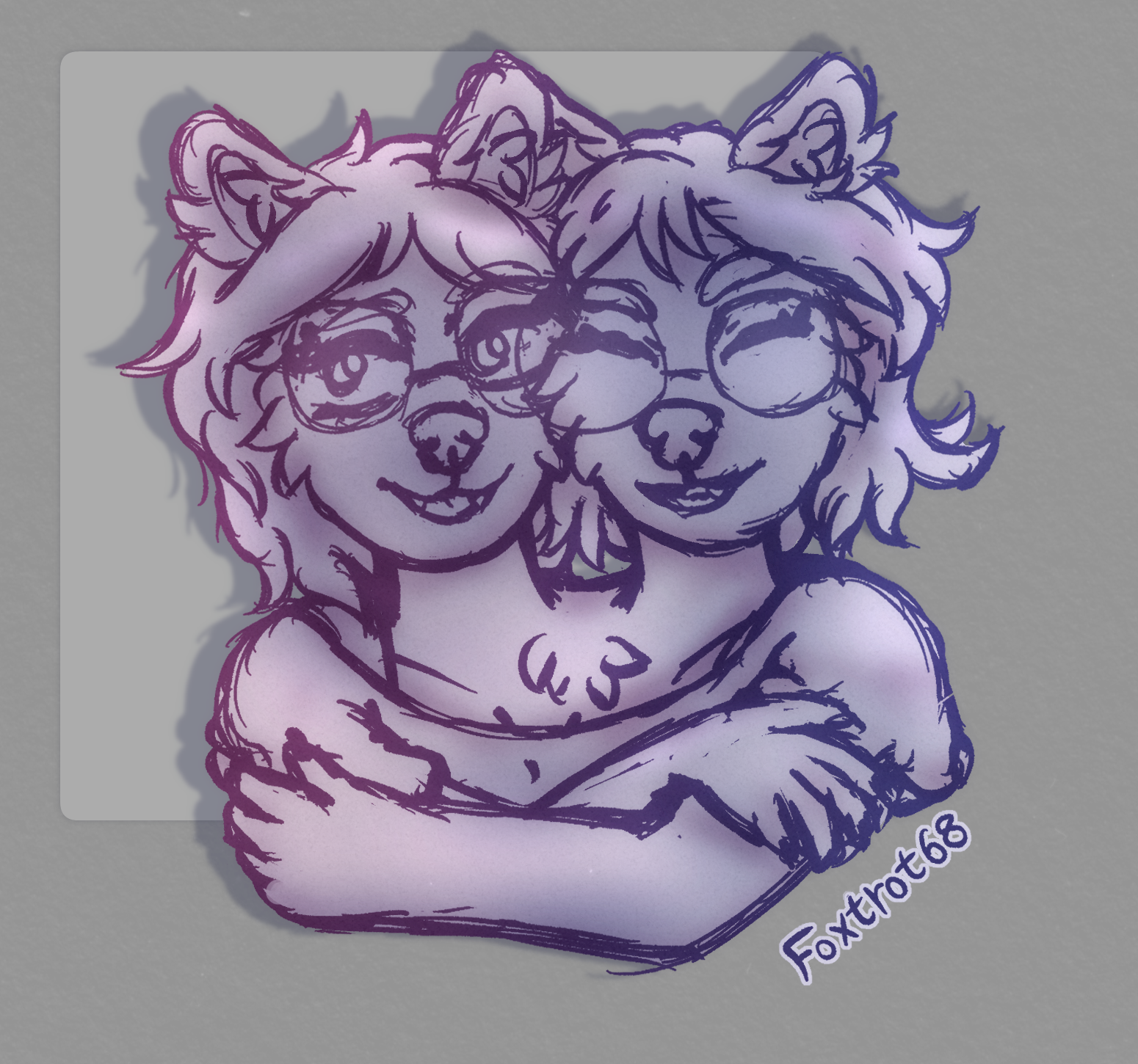 A plain gradient colored and shaded sketch of Rose and Riley, Riley is hugging her sister and nuzzling her head close to Rose's while she smiles. the background has the wolves casting a shadow behind them, over a rounded square framing them over the gray canvas. our watermark is on the bottom right of the sketch.