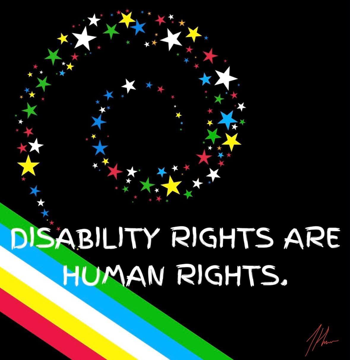 In the lower left corner there is a stripe that has all of the disability  Pride flag colors-, Red,  Yellow, White, Blue, and green with a black backpack 

There  Are stars above doing a spiral in the same colors, In white font it reads disability rights are human rights