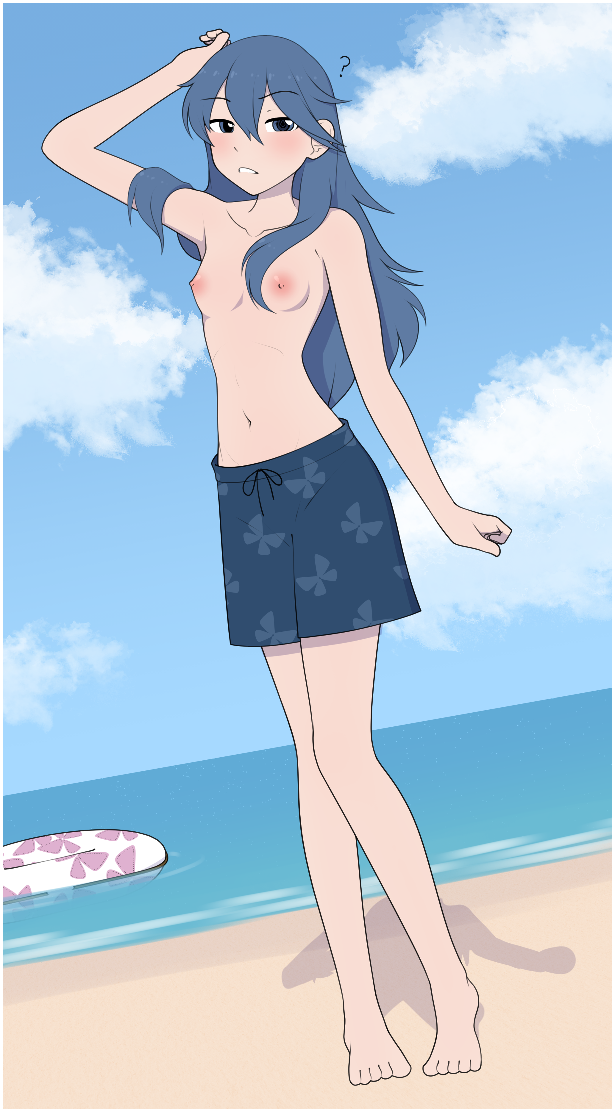 Lucina from Fire Emblem at the beach. She's wearing swim trunks and no top.