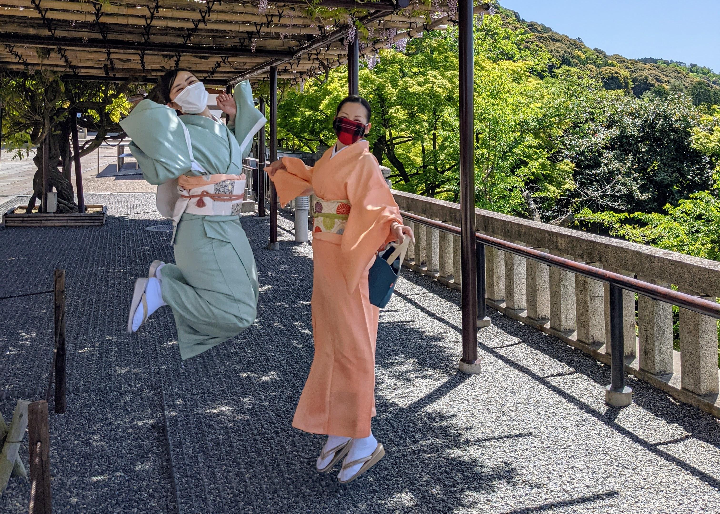 Nao-san and Atsuko-san practice leaping on solid ground...sadly the practice of leaping from the stage at Kiyomizu-dera has been outlawed.