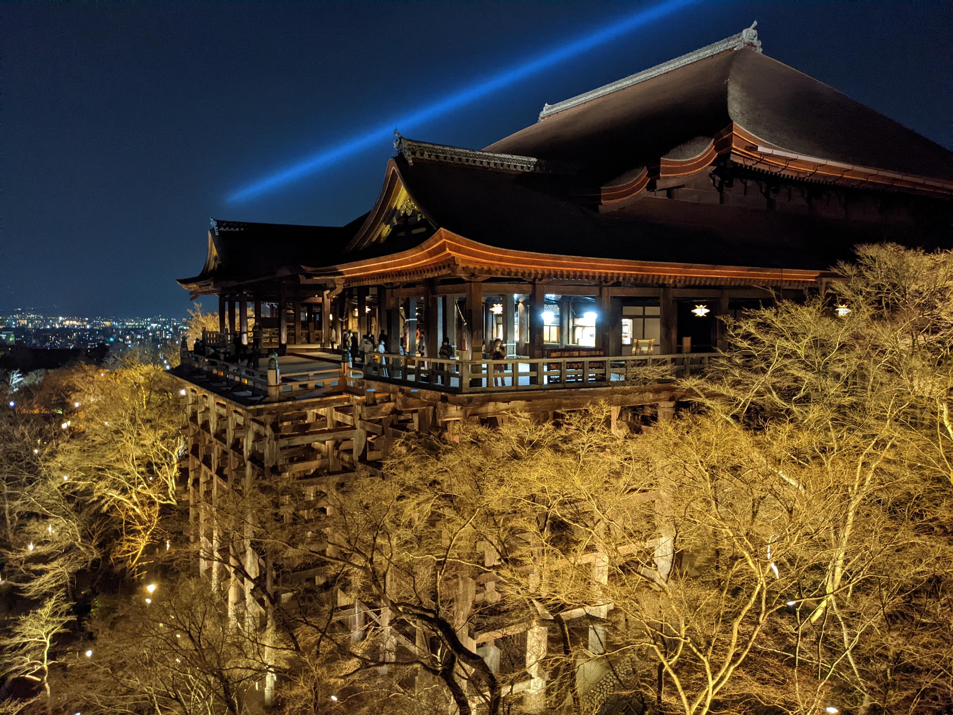 The main hall of Kiyomizu-dera illuminated at night.