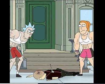 Three characters are on screen. One is a white man laying face down on the side walk at the bottom of some steps, he's wearing a black shirt. His hair is buzzed and a swastika is drawn on the back of his head. The other character is a very buff old white man with spiky white hair and too revealing workout clothes stands at the prone guys head. At his feet stands a young, very buff young blond white woman, in the same skimpy outfit as her super buff grandpa. They are poised to kick and spit on the guy laying on the ground