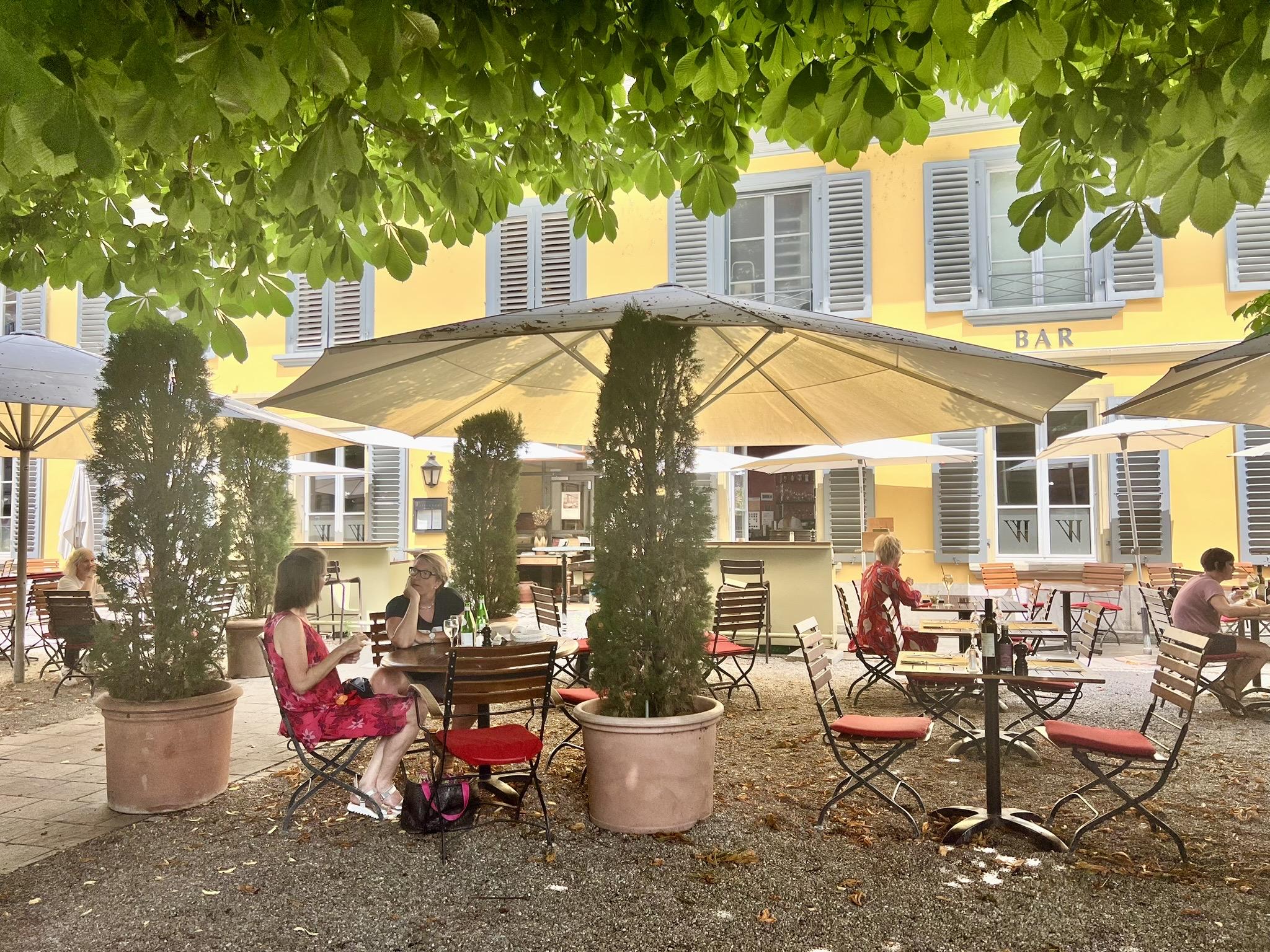 An outdoor restaurant terrace shaded by a canopy of green leaves features people seated at wooden tables under large, beige umbrellas. Tall potted cypress trees stand between the tables, while a bright yellow building with grey shutters and a "BAR" sign serves as the backdrop.