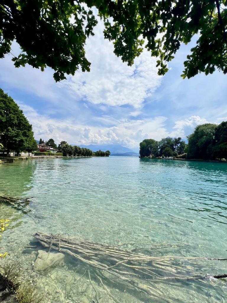 Exceptionally clear, shallow water in the foreground reveals stones and a bundle of branches on the riverbed, transitioning to light turquoise as it flows down a wide channel bordered by tree-lined banks. Dark green leaves frame the top of the image, while distant mountains sit on the horizon beneath a bright, cloudy sky.