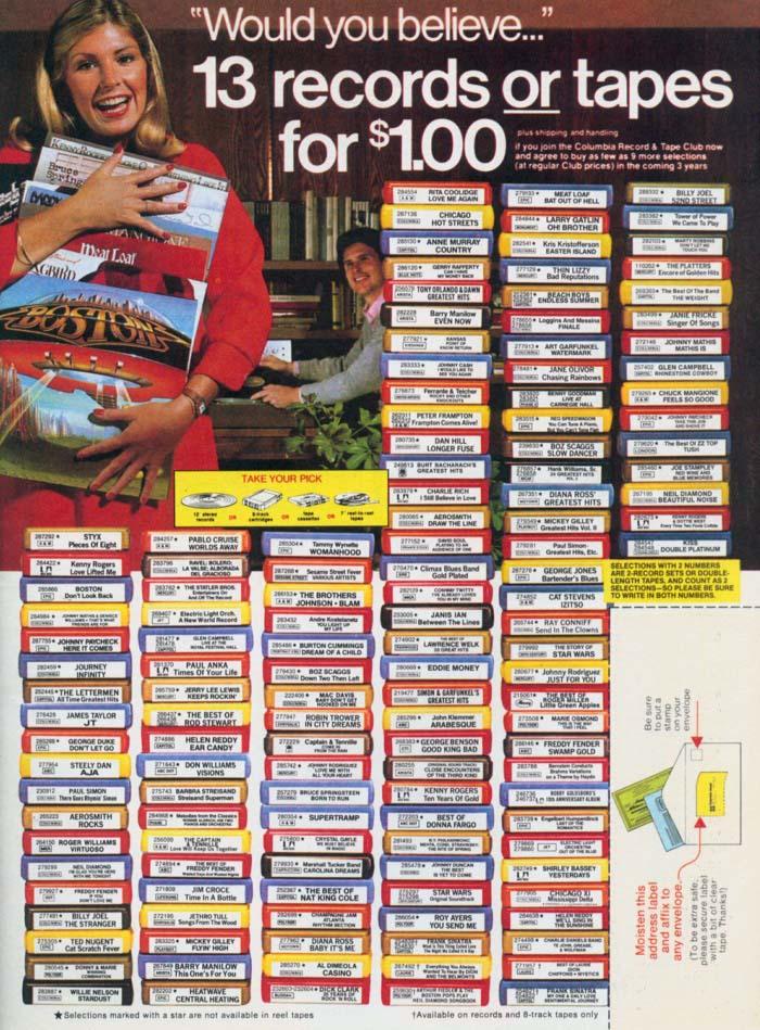 an advertisement, probably from a newspaper or magazine in the nineteen seventies, featuring the bands and titles of popular music albums, with the offer of thirteen records or tapes for one dollar.
