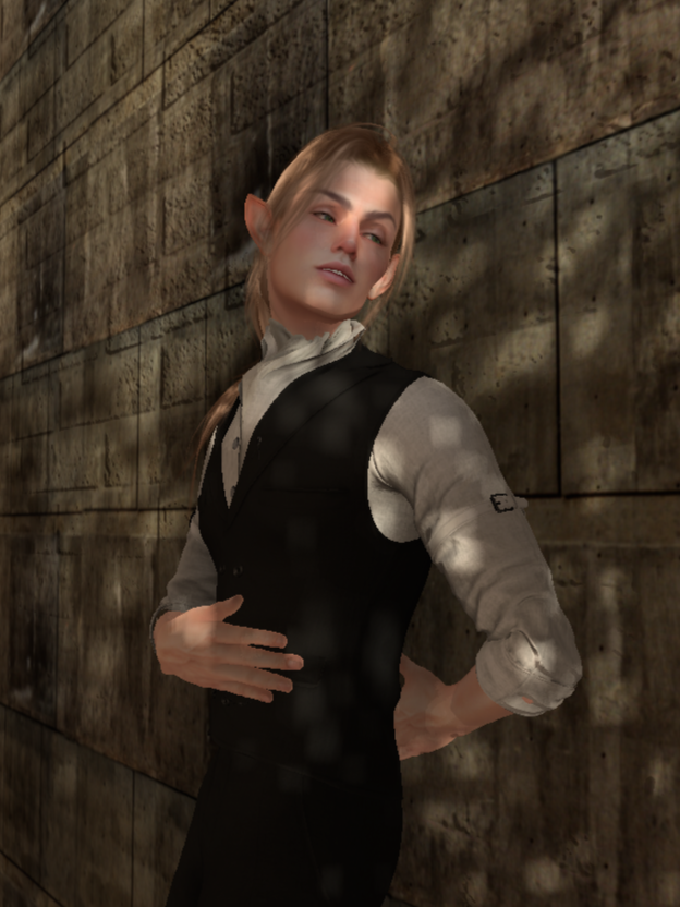 a blonde male elf leans against a wall, gazing dreamily off to the viewer's right. Image is a screenshot from the virtual world of Second Life. Hair by Magika, Head by Lelutka, Face by LeLaPeau, outfit by Graal, pose made using the Firestorm Poser, windlight is Bristol.