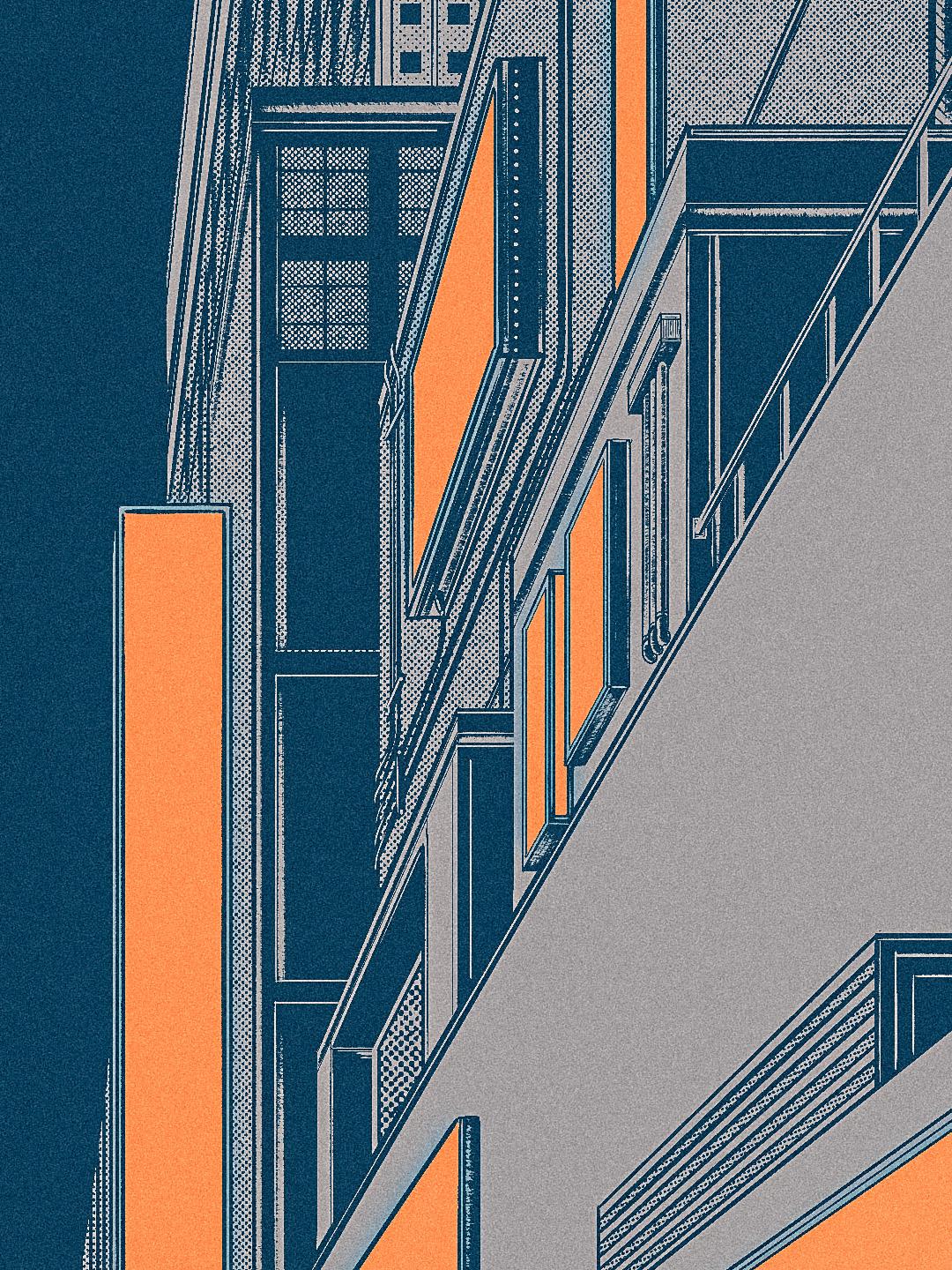 Illustration of weird futuristic buildings with orange LED panels arranged at various sizes and angles. The picture is fairly monotone otherwise.