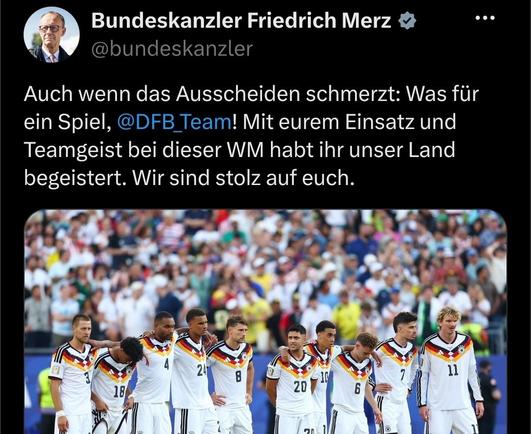 Auch wenn das Ausscheiden schmerzt: Was für ein Spiel, @DFB_Team! Mit eurem Einsatz und Teamgeist bei dieser WM habt ihr unser Land begeistert. Wir sind stolz auf euch.

