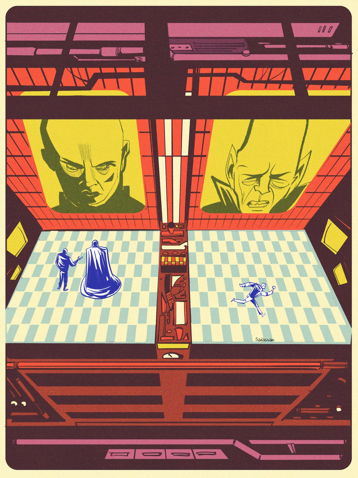 An underground bad guy lair, with two large displays featuring two different bad guys.