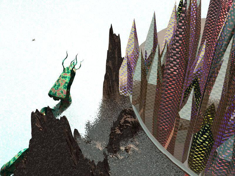 rendered 3d graphics of an alien city on an alien planet next to water and what looks like an alien craft (kinda looks like a mostly green bug with small tentacles at the front). the city is tall, thin shimmering structures (many packed closely together), on a circular plane.