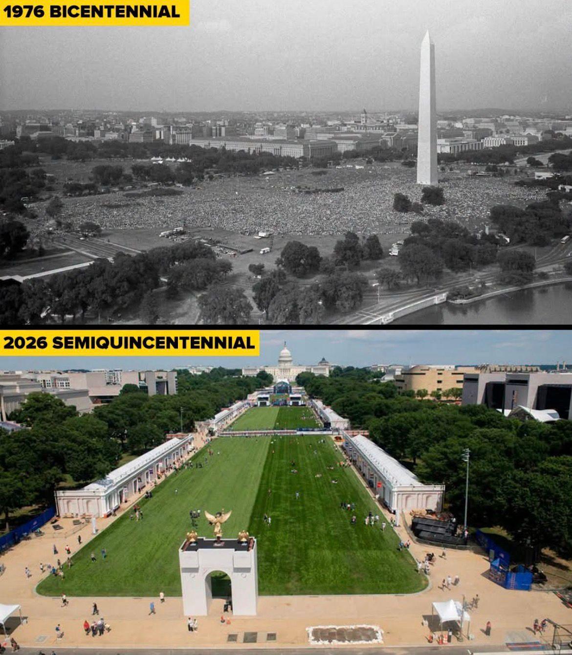 2 images:

Top is the National Mall during the Centennial celebration in 1976--with a huge crowd.
 
The bottom image is the 2026 semiquincentennial, with a tiny crowd and an unsightly arch that looks like a six-year-old made it from cardboard. Looks like the Orange Menace  put most of the money for the event in his pockets.