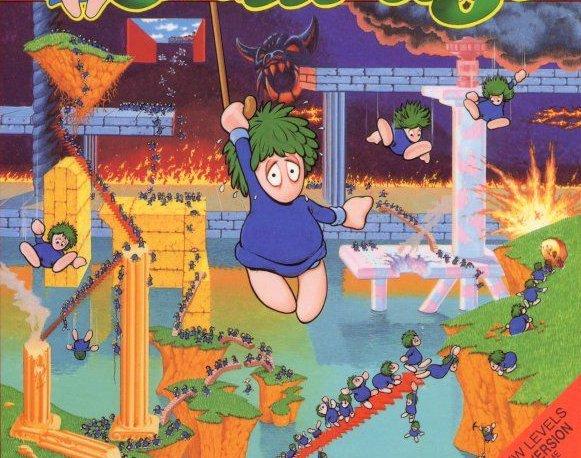 crop from the cover art for "Oh No! More Lemmings" (1991): a lemming (green mop hair, pink flesh, blue smock) hangs floating from an umbrella against a backdrop of classic Lemmings chaos, with fire, wild platforms and stairways, tall cliffs, explosions and storms and a demon head exit gate in the background. all through this there are lines of Lemmings plodding along, some falling, others dealing with the obstacles. the central lemming has a rather harried expression on their face. https://www.mobygames.com/game/684/oh-no-more-lemmings/cover/group-3595/cover-13479/