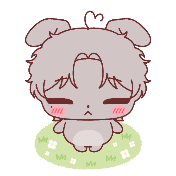 a small, grey colored chibi creature with dogears. it has a mole on it's left cheek, a small frown, and blushing cheeks. it resembles Felix. it's standing in a small circle of meadow with daisy flowers, and it's eyes are closed calmly.