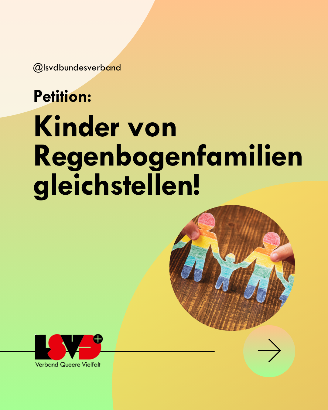 Grafik. Der Hintergrund ist ein Farbverlauf in weiß, gelb und grün mit mehreren Kreisen. Darauf steht in schwarzer Schrift: Petition. Kinder von Regenbogenfamilien gleichstellen! 
Darunter das Logo des LSVD⁺ - Verband Queere Viefalt