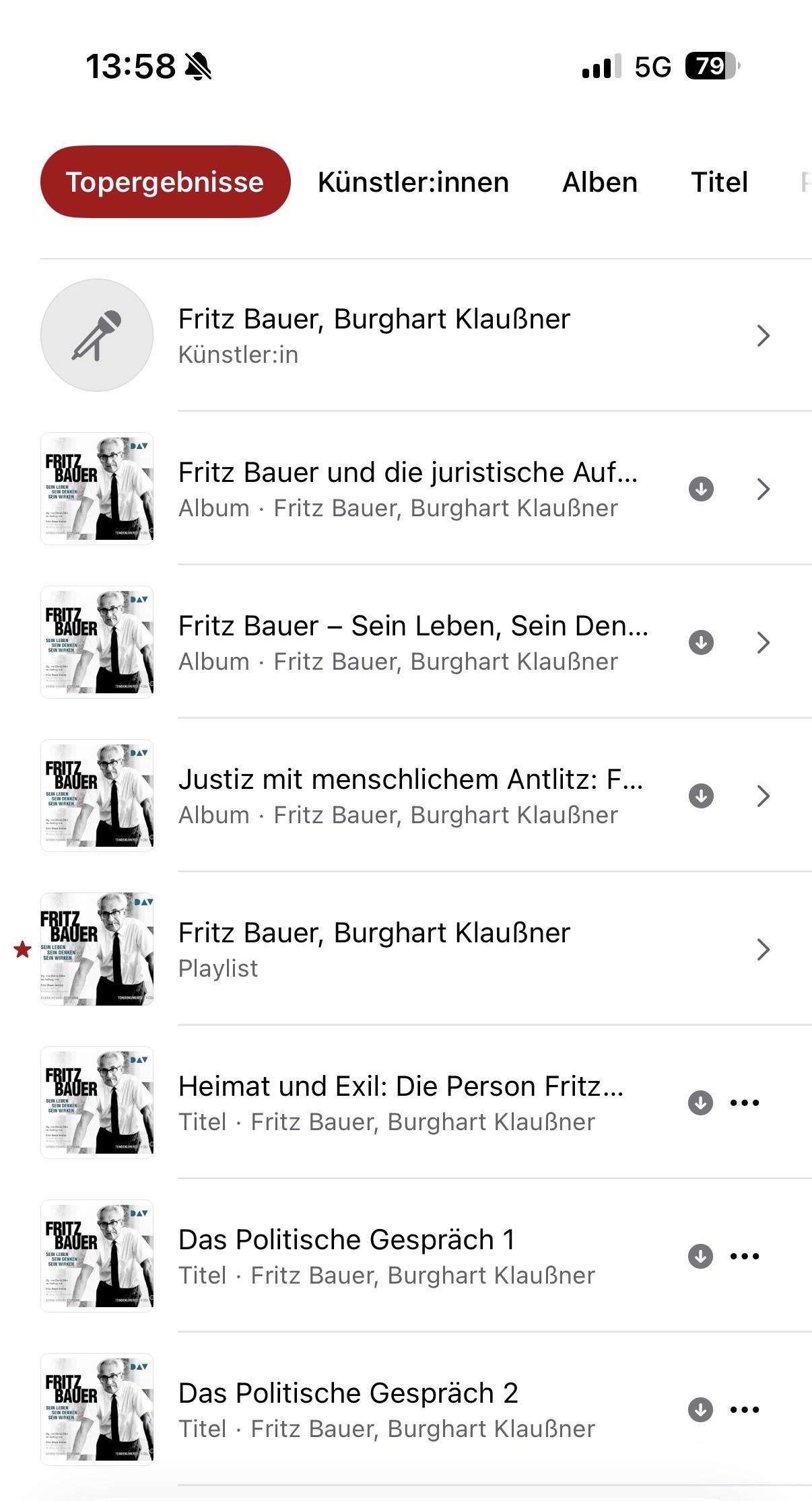Playlist: zu sehen sind die Kapital des Audiobuchs Fritz Bauer. Sein Leben, sein Denken, sein Wirken — Feature mit Burghart Klaußner
