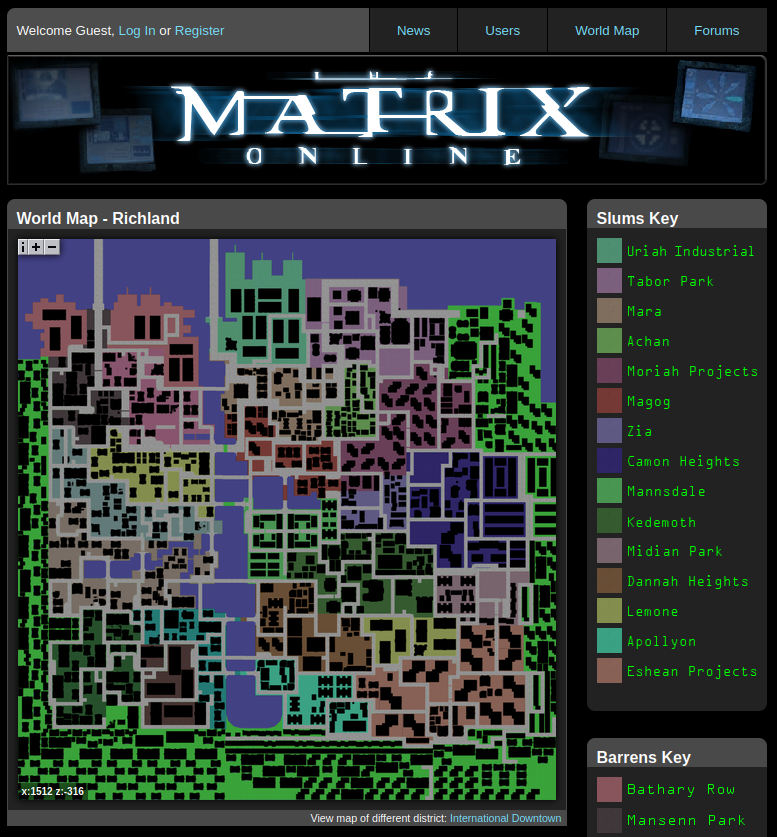 screenshot from https://mxoemu.info/map.php showing a top down map of The Matrix Online's world, a city of rectilinear blocks and buildings and parks. on the right side is a key of color-coded regions, eg "Slums Key": "Uriah Industrial", "Tabor Park", "Mara", "Moriah Projects".