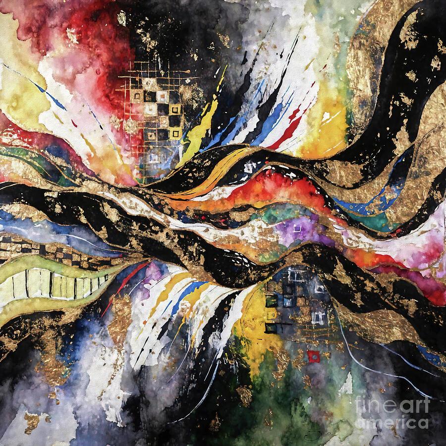 A vivid abstract composition with swirling colours and gold accents. Dynamic shapes and patterns create an energetic and bold visual impact.