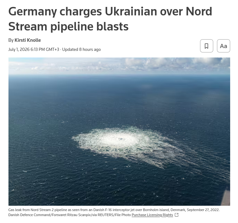 Germanys top prosecutor has ‌indicted a Ukrainian national over the 2022 explosions that crippled the Nord Stream gas pipelines under the Baltic Sea, moving one of Europes most politically sensitive sabotage cases closer to trial. #Russia #EU #Germany #NordStream