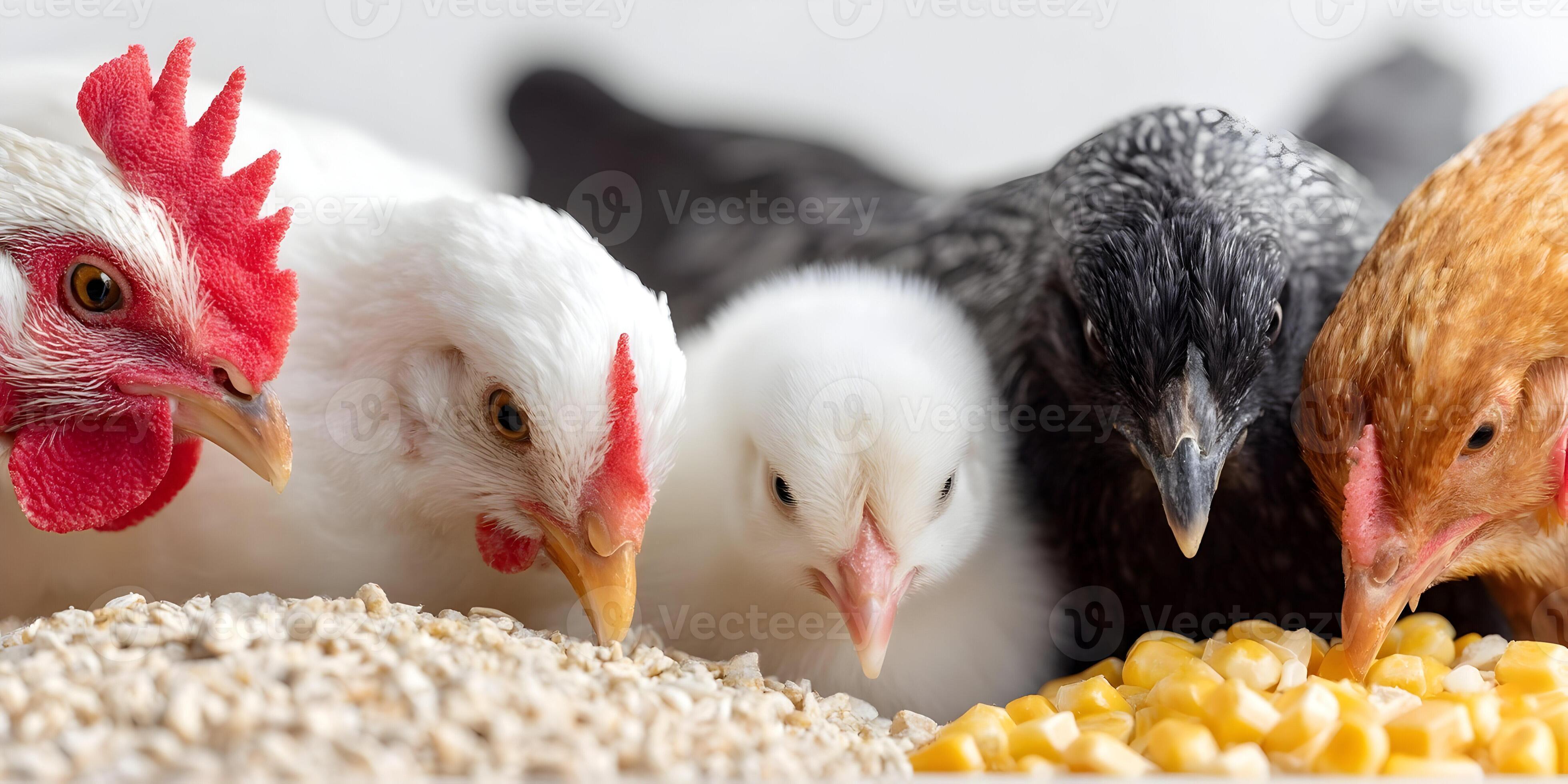 Four chickens of varying colour, pecking at corn niblets and corn meal