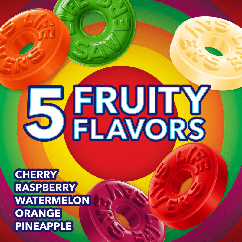 A package of Life Savers brand hard candies, with five fruity flavors, including Raspberry, watermelon, pineapple, orange, and cherry